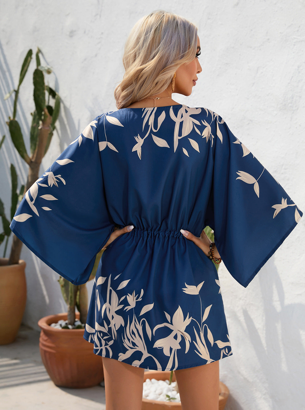 Women's Summer Leaf Print Short Sleeve Short Mini Dress