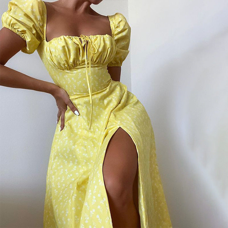 Floral Print French Style Backless Slim Fit Slit Dress