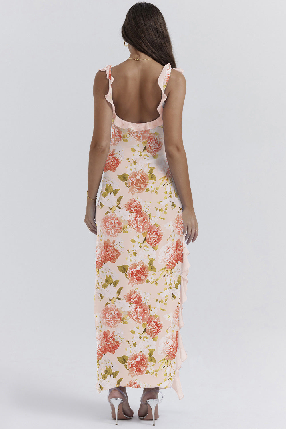 Strappy Ruffle Detail High-Slit Long Dress