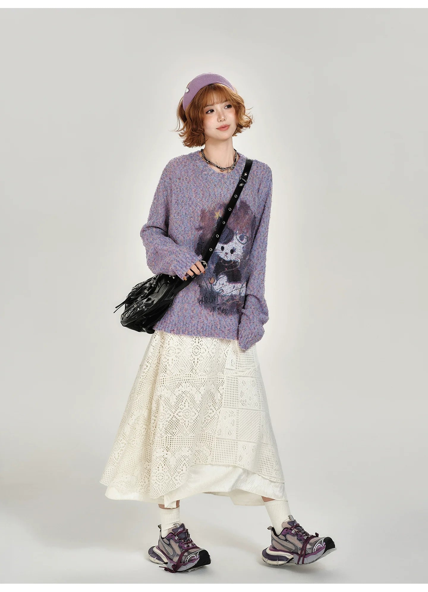 Girlyhalo Women's Loose Fit Retro Print Sweater - Crewneck Fall Pullover-Purple-S-Free Shipping Leatheretro