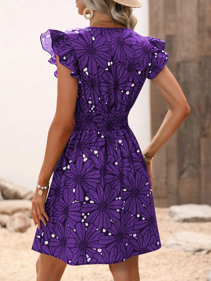 Women's Summer V-Neck Waist-Cinching Sexy Floral Ruffle Sleeveless Dress
