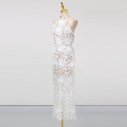 Retro Embroidery Backless Lace Panel Halter Maxi Dress