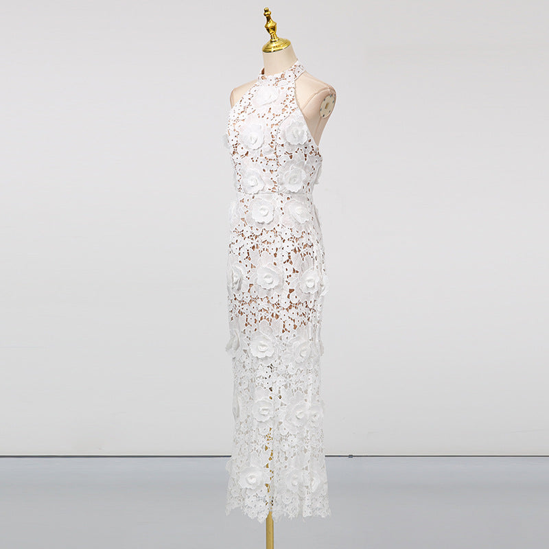Retro Embroidery Backless Lace Panel Halter Maxi Dress