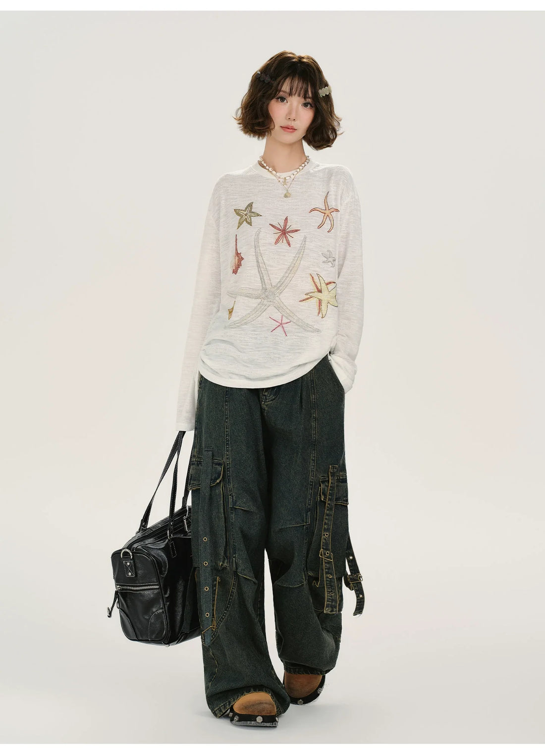 Girlyhalo Retro Print Rhinestone Long Sleeve T-Shirt