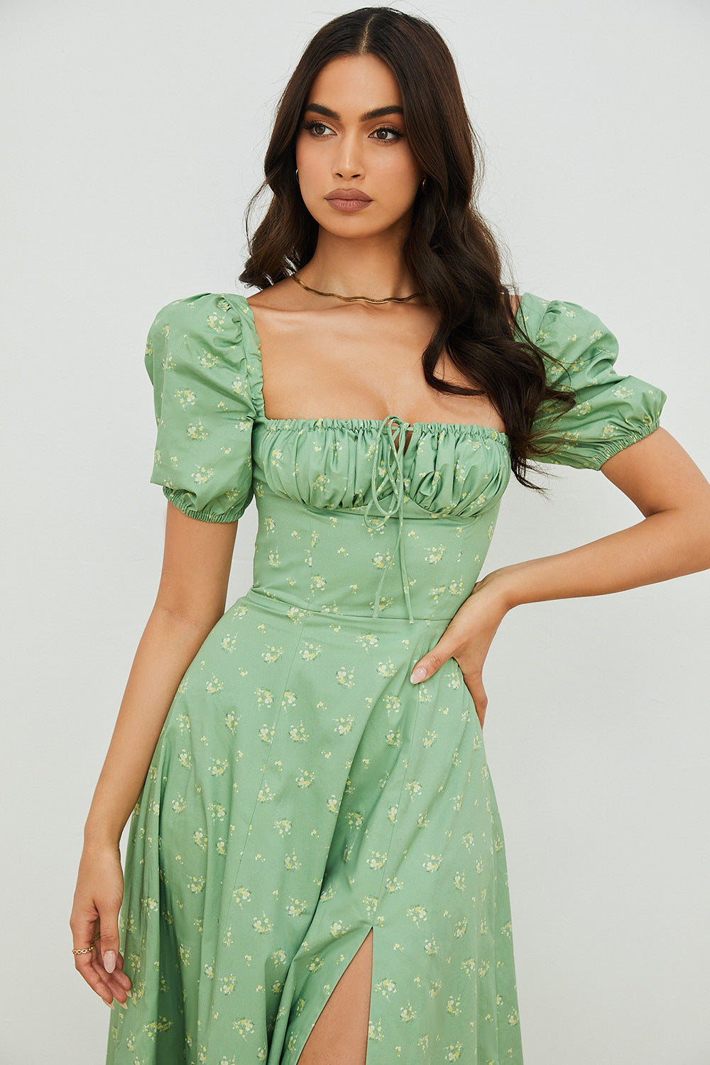 Women's Floral Wrap Slit Maxi Dress with Puff Sleeves