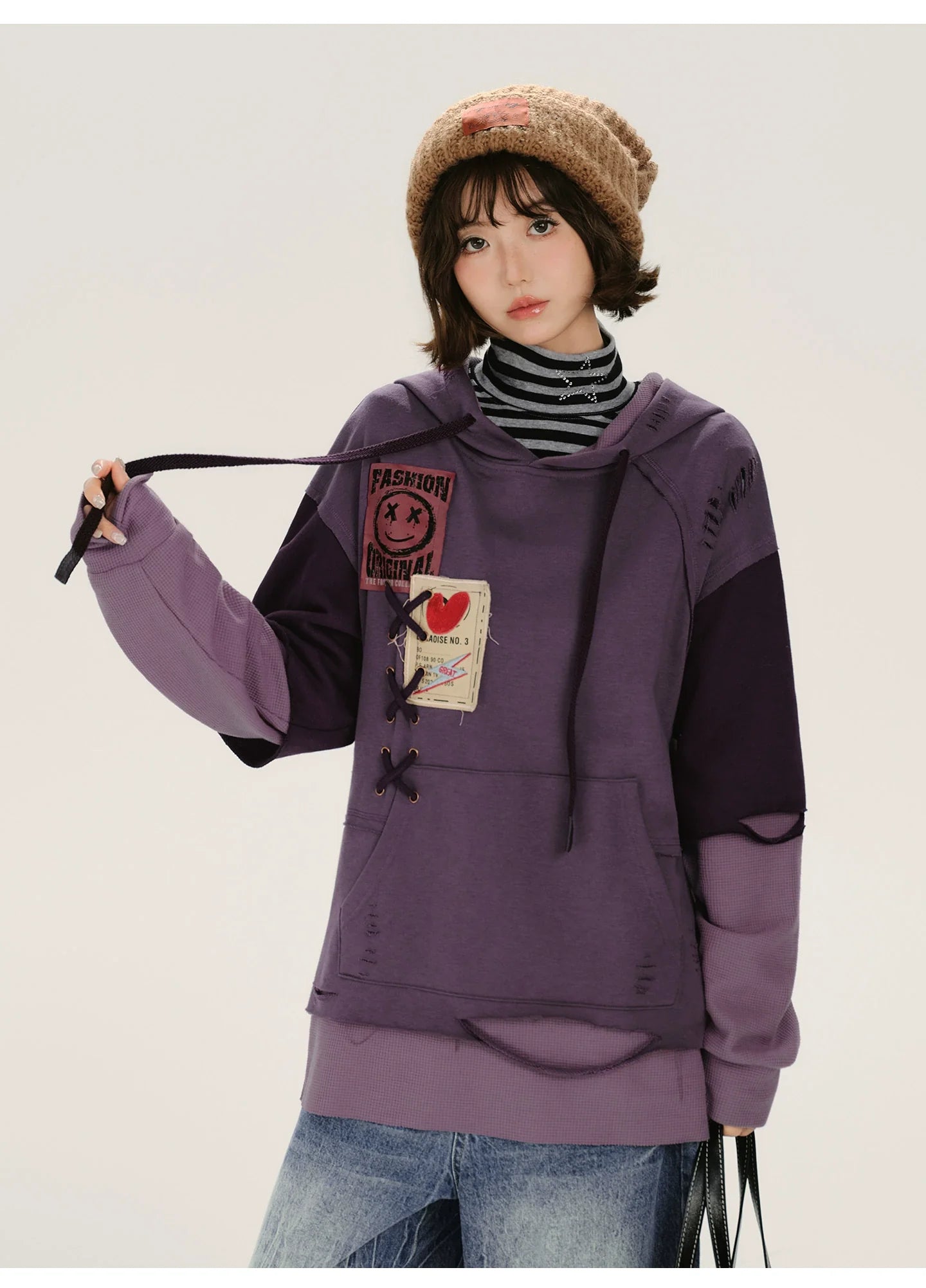 Retro Distressed Design Fake Two-Piece Hooded Sweatshirt