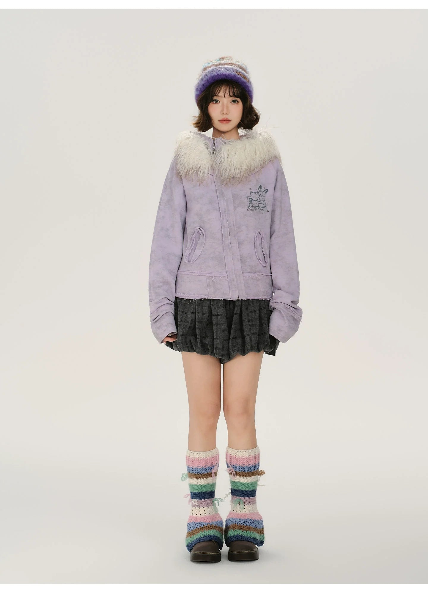 Girlyhalo Retro Tie-Dye Print Asymmetrical Design Women's Fall Coat with Fur Collar