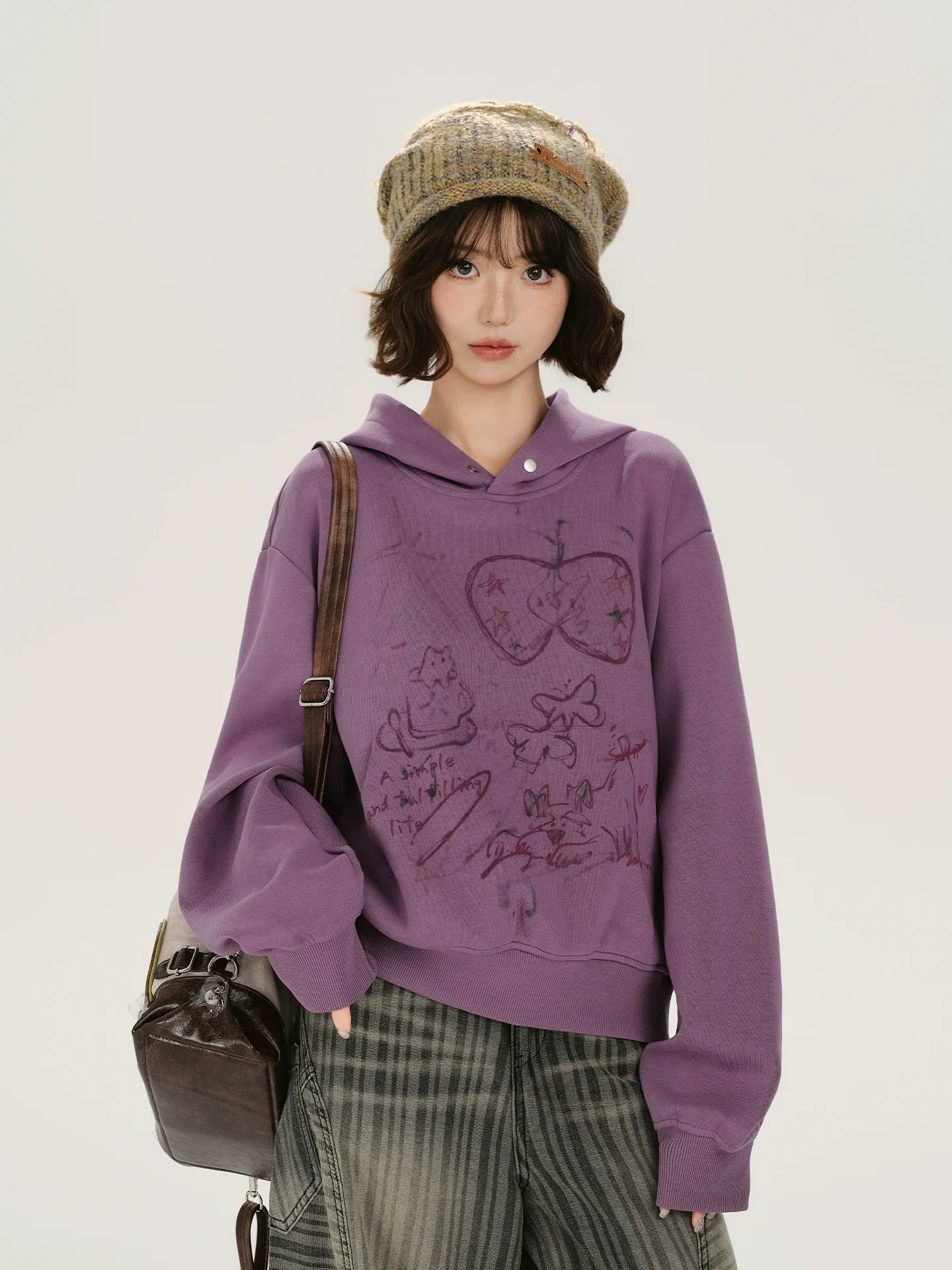 Girlyhalo Retro Print Distressed Hooded Long-Sleeve Sweatshirt