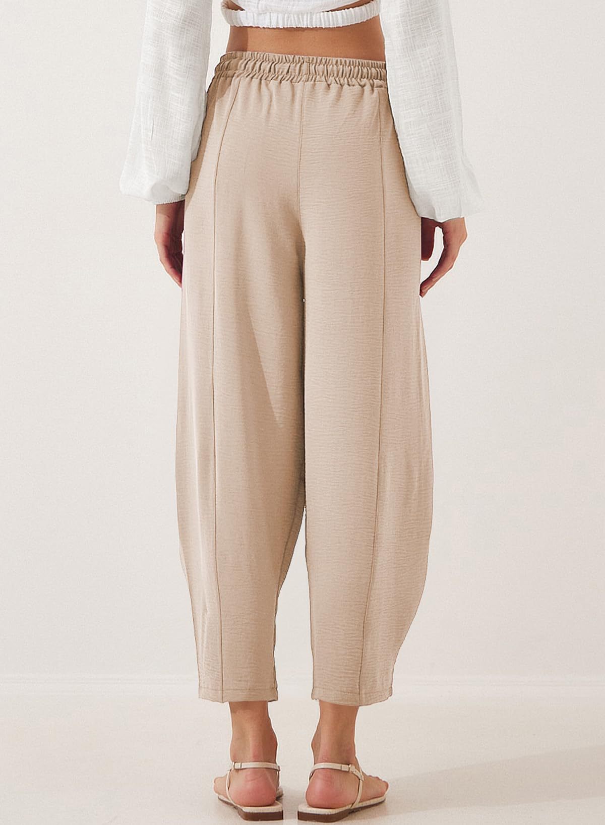 Women's Summer High-Waisted Loose Vacation Drawstring Casual Cropped Pants with Side Pockets