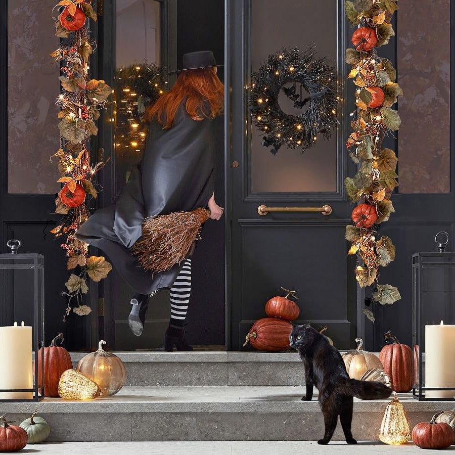 Halloween Black Bat Wreath with LED Lights - Wall Hanging Decor
