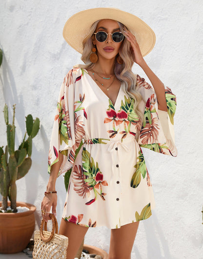 Women's Summer Leaf Print Short Sleeve Short Mini Dress