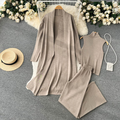 Fashion Fall Knitted 3pcs Cardigan High Neck Sweater Wide Legs Pants