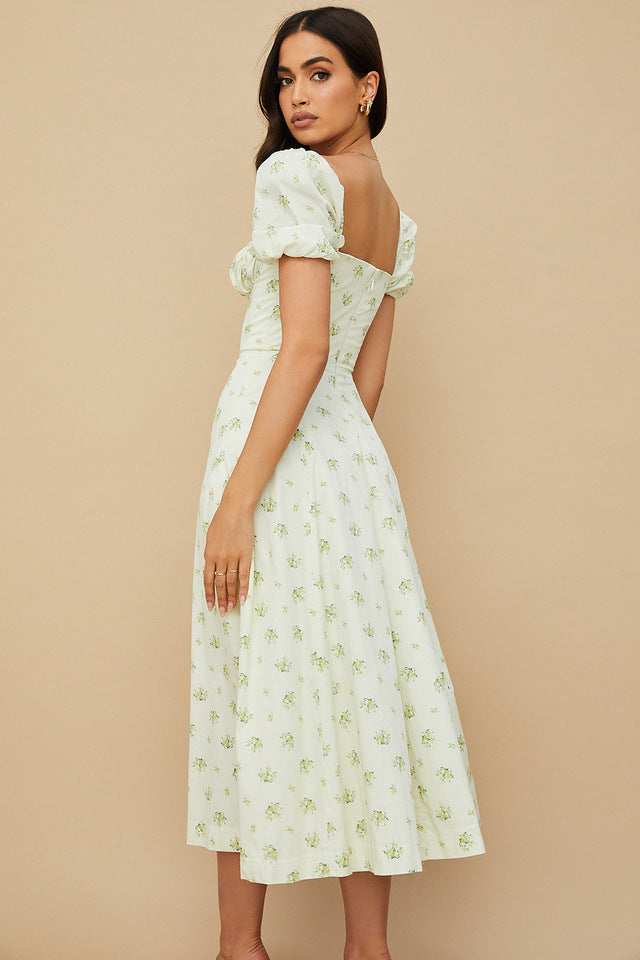 Women's Floral Wrap Slit Maxi Dress with Puff Sleeves