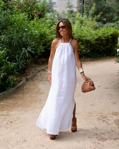 Off-Shoulder Linen Summer Dress – Boho Split Hem Vacation Dress