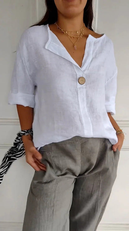 Women's Summer Loose-Fit V-Neck Cotton Linen Button-Up T-Shirt