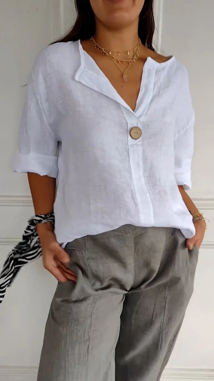 Women's Summer Loose-Fit V-Neck Cotton Linen Button-Up T-Shirt