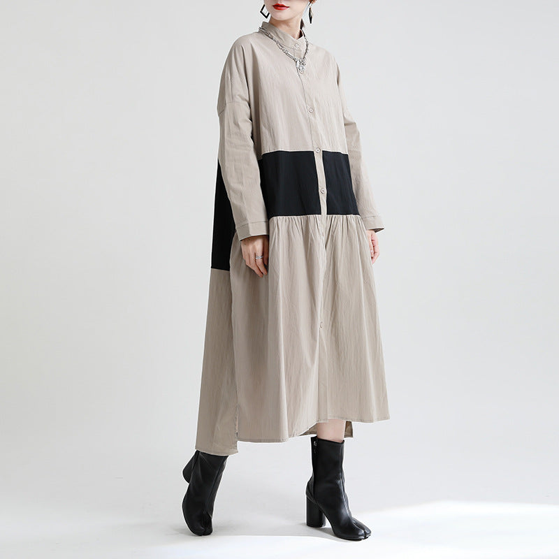 Casual Linen Contrast Color Loose Women Long Dresses-Khaki-One Size-Free Shipping at meselling99