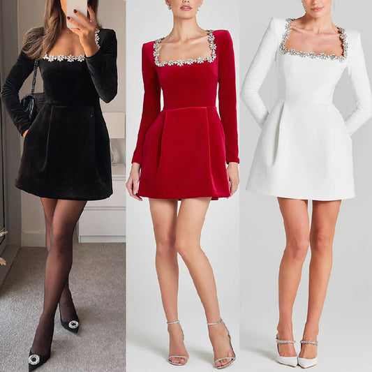Elegant Velvet Fitted Diamond-Embellished Long-Sleeve Short Hemline Dress