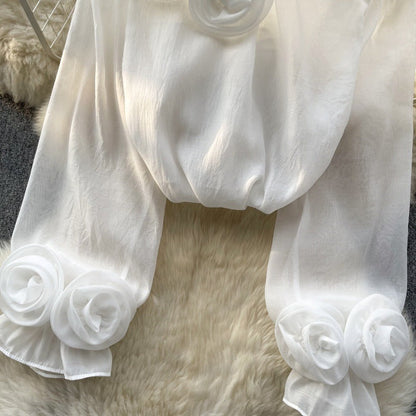 Designed 3D Flowers Chiffon Long Sleeves Shirts