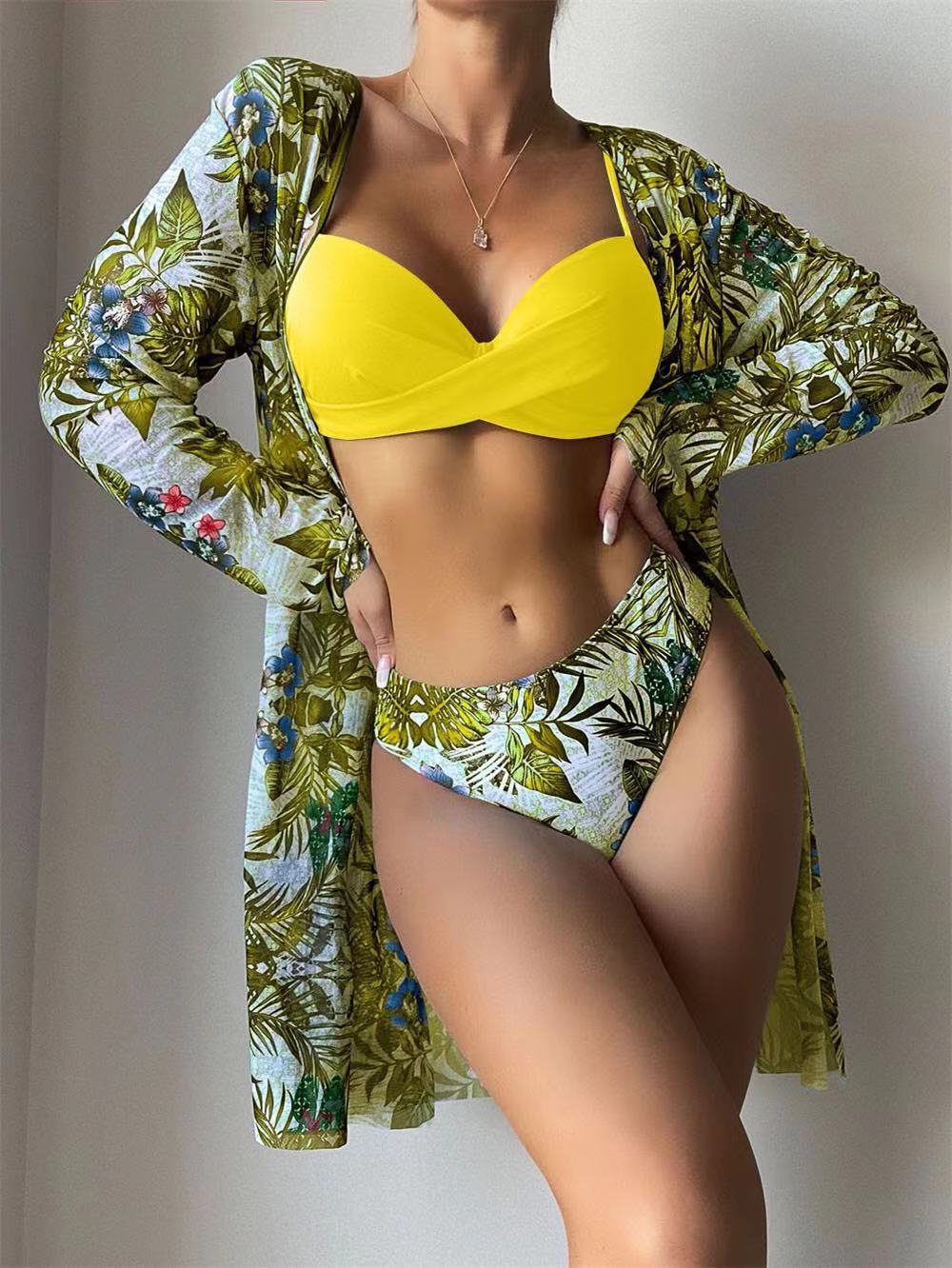 Women's 3-Piece Mesh Long Sleeve Cover-Up – Beach Bikini Set