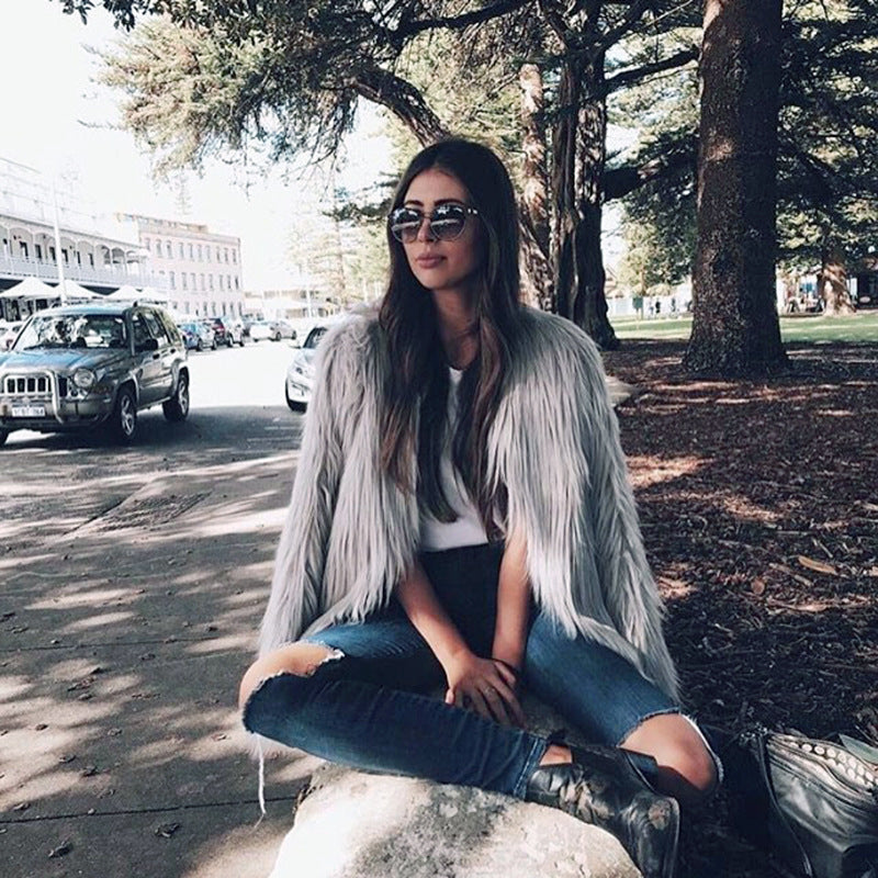 Women Long Sleeve V-Neck Faux Fur Jacket