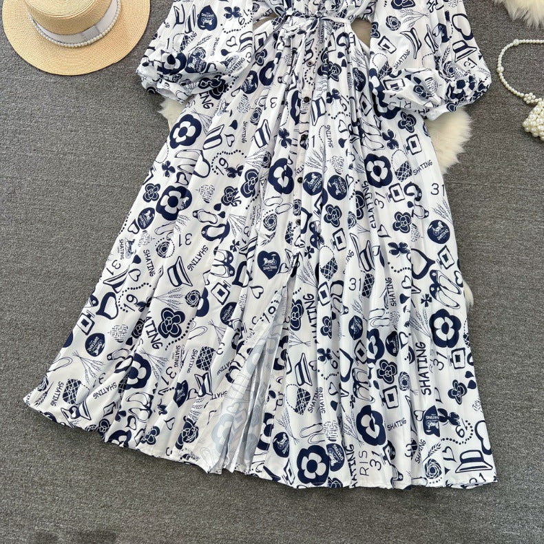 Retro Palace Style Lantern Sleeve Round Neck A-Line Floral Print Button-Down Waist Dress