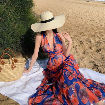 Halter Neck Printed Maxi Dress – High Waist, Backless Beach Cover-Up