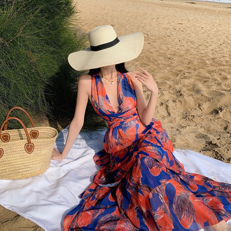 Halter Neck Printed Maxi Dress – High Waist, Backless Beach Cover-Up