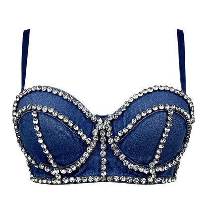 Cowfish Bone Inlaid Diamonds Detachable Straps Back-Closure Denim Corset Top