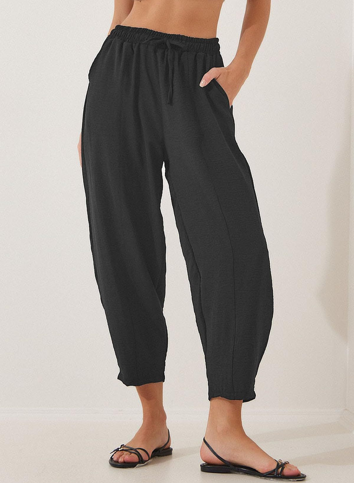 Women's Summer High-Waisted Loose Vacation Drawstring Casual Cropped Pants with Side Pockets