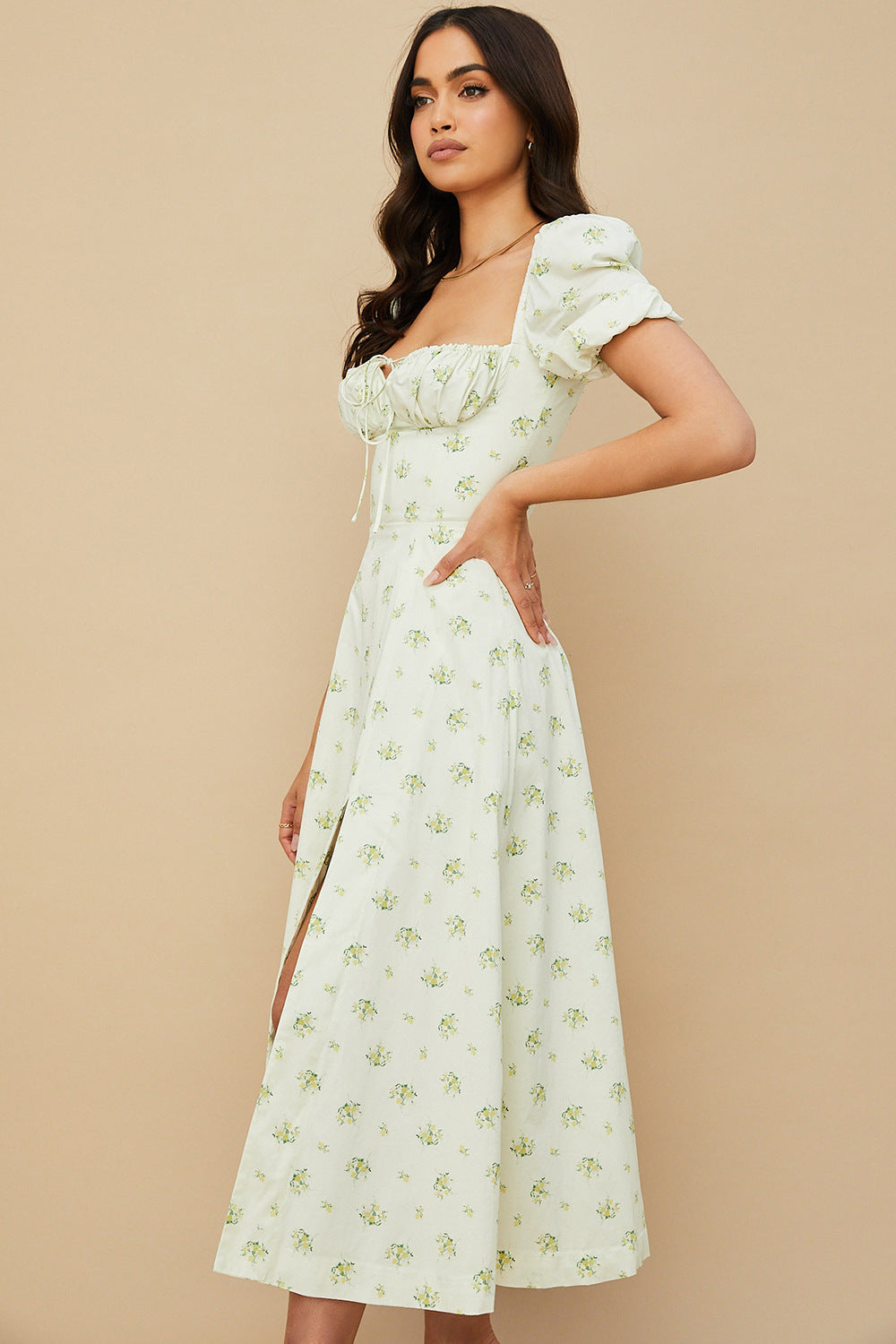 Women's Floral Wrap Slit Maxi Dress with Puff Sleeves