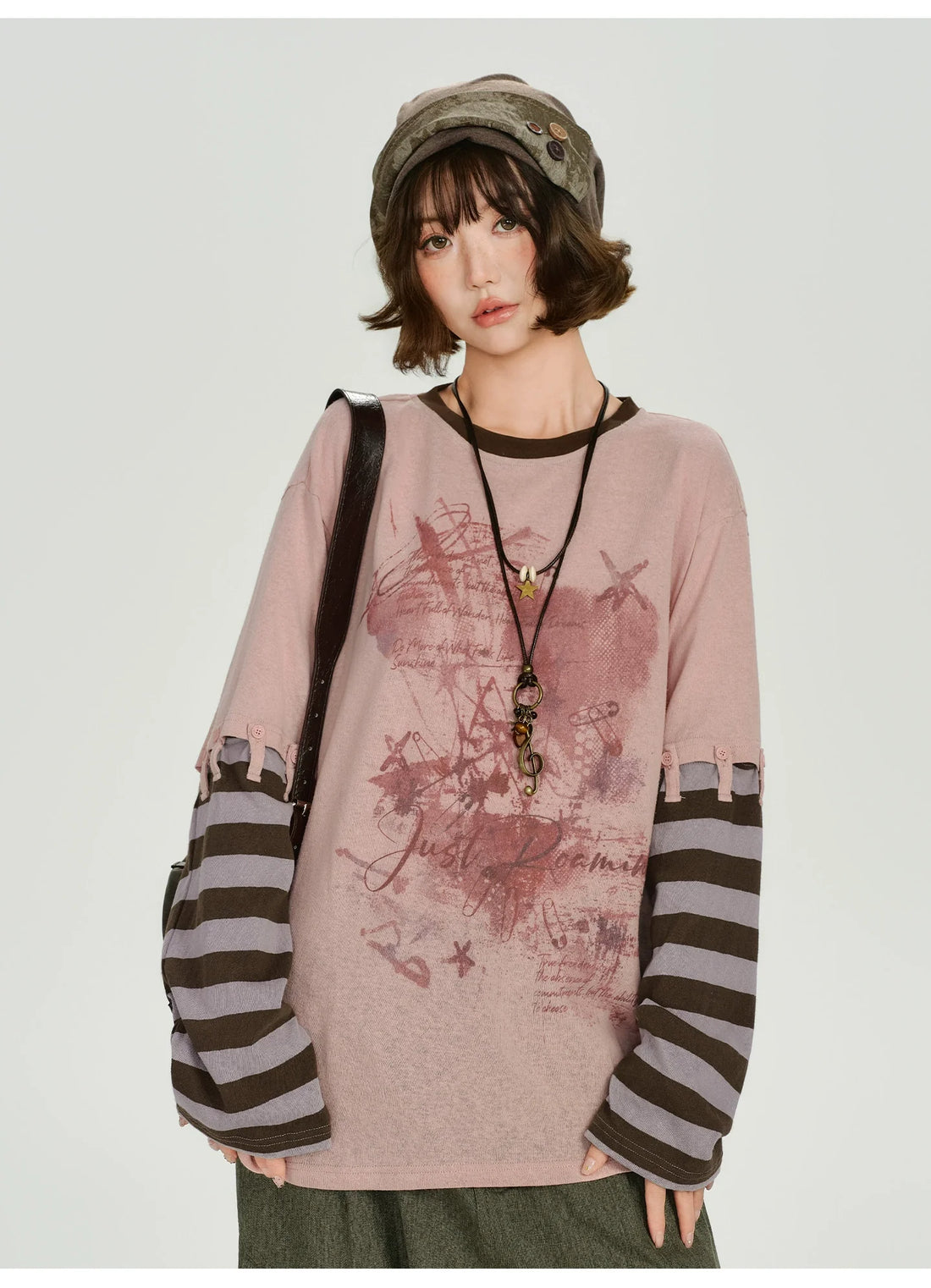 Girlyhalo Retro Vintage Two-Tier Layered Long Sleeve T-Shirt for Women