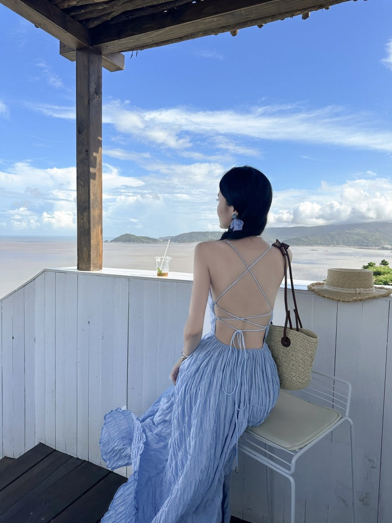Summer Waves Blue Backless Maxi Dress