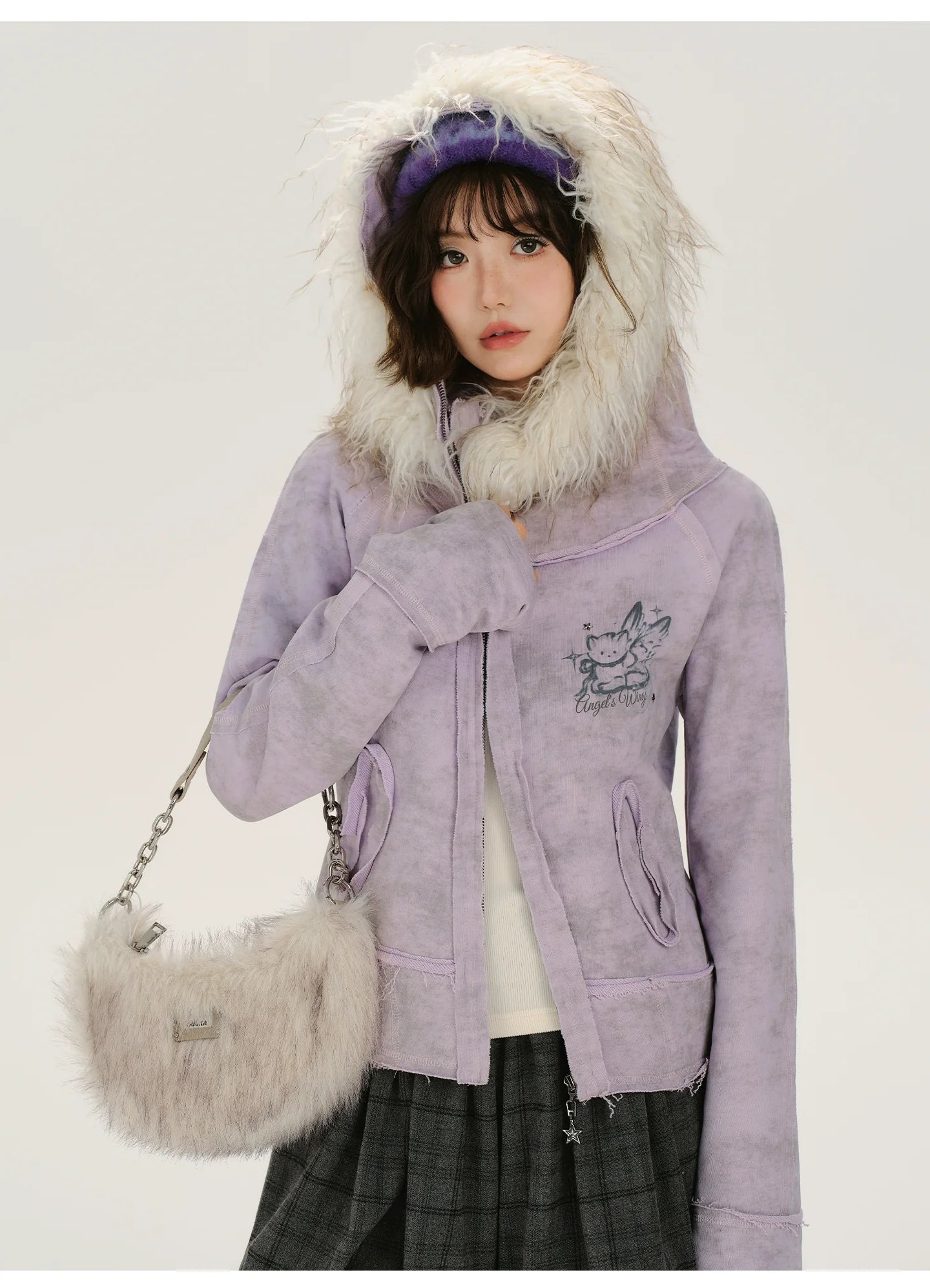 Girlyhalo Retro Tie-Dye Print Asymmetrical Design Women's Fall Coat with Fur Collar