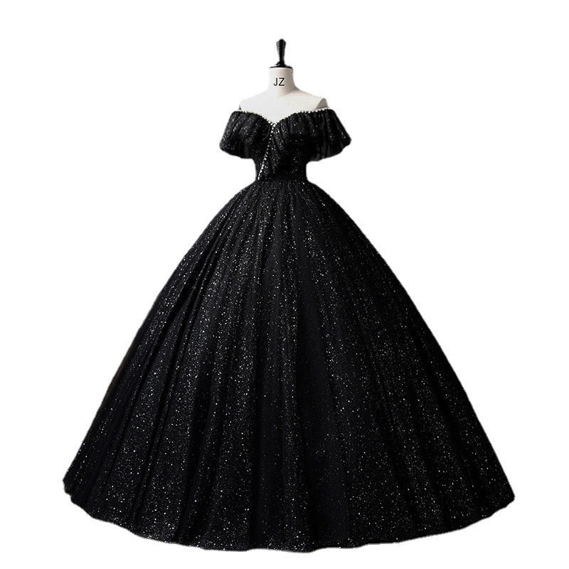 Elegant One-Shoulder Black Evening Gown with V-Neck