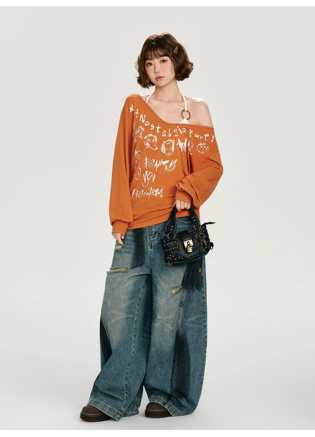 Girlyhalo Retro Babe Print Off-Shoulder Long Sleeve T-Shirt