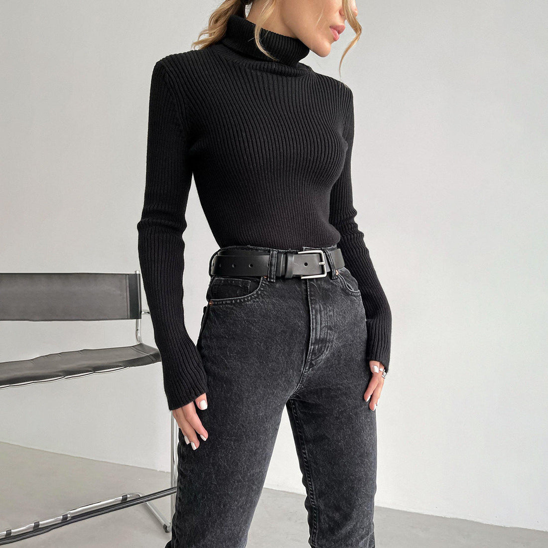 Fashion High Neck Pullover Knitted Tight Sweater