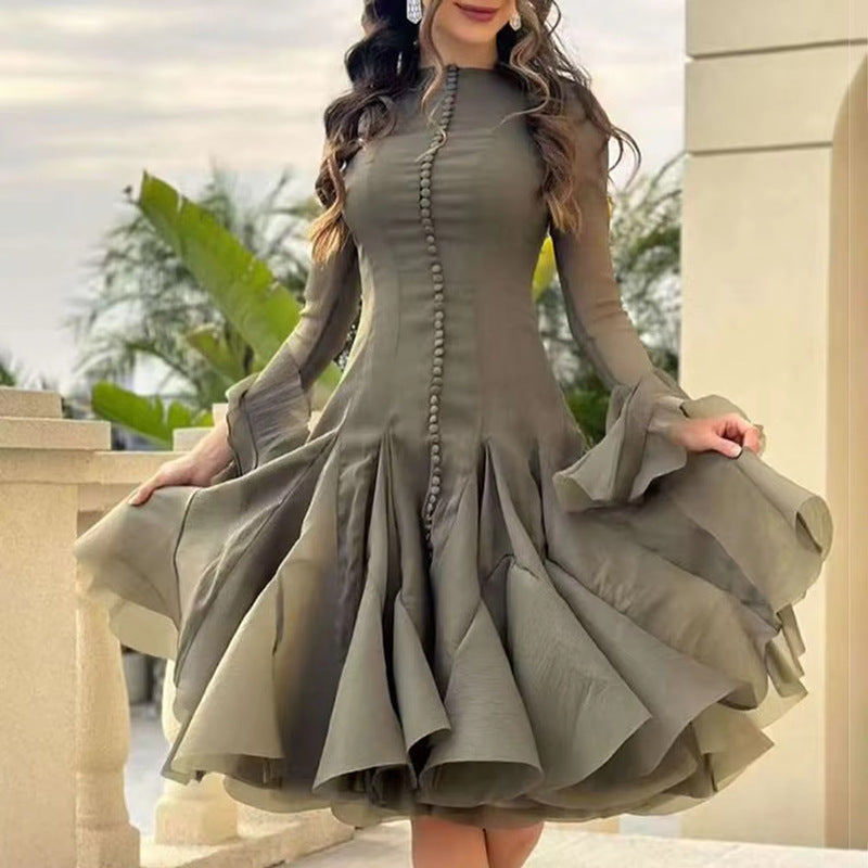 Designed Elegant Round Neck Patchwork Hem Flounce Midi Dress with Bell Sleeves