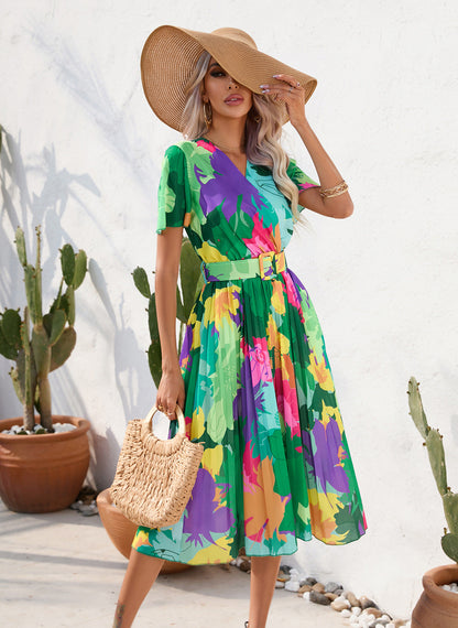 Summer Floral Print Crinkle Midi Short Sleeve Dress