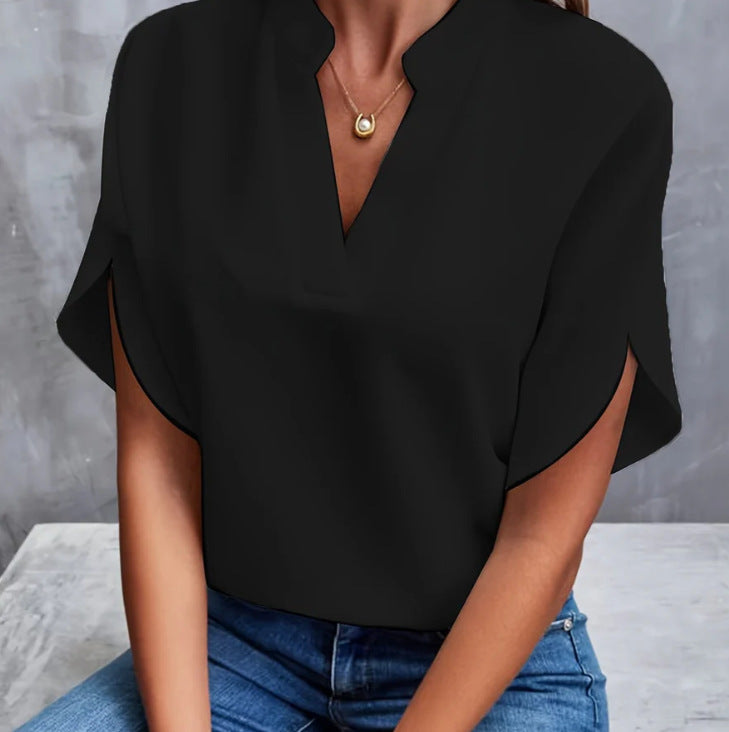 Women's V-Neck Shirt - Solid Color Casual Short Sleeve T-Shirt-White-S-Free Shipping Leatheretro
