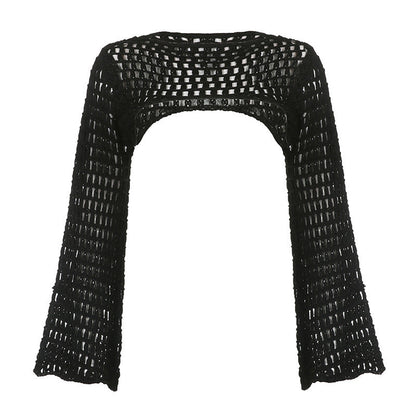 Trendy Hollow-Out Knit Crop Top – Stylish Short Sleeve Mesh Bolero for Streetweat