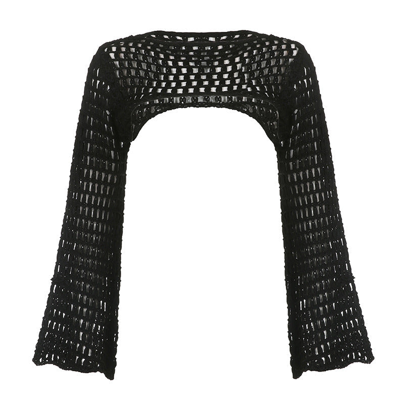 Trendy Hollow-Out Knit Crop Top – Stylish Short Sleeve Mesh Bolero for Streetweat