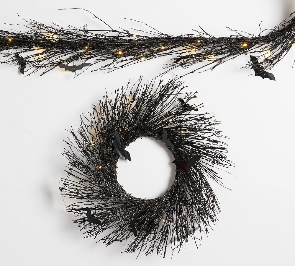 Halloween Black Bat Wreath with LED Lights - Wall Hanging Decor
