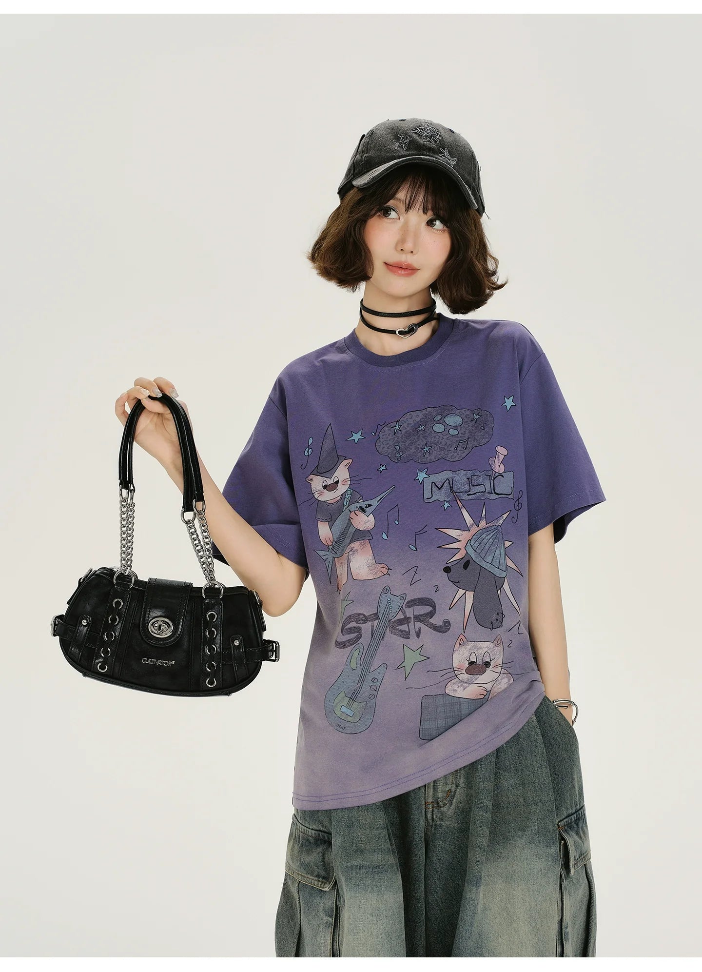 Girlyhalo Vintage Washed Purple Gradient Short Sleeve T-Shirt