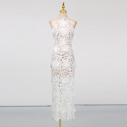 Retro Embroidery Backless Lace Panel Halter Maxi Dress