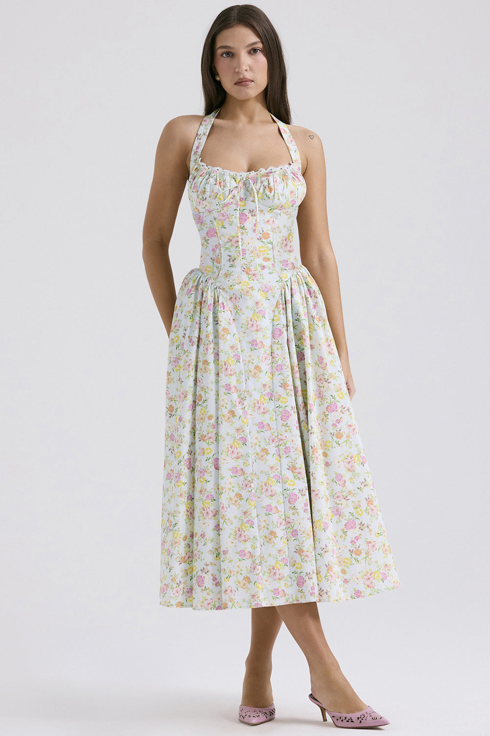 Women's Summer Floral Print Bodycon Halter Neck Maxi Dress