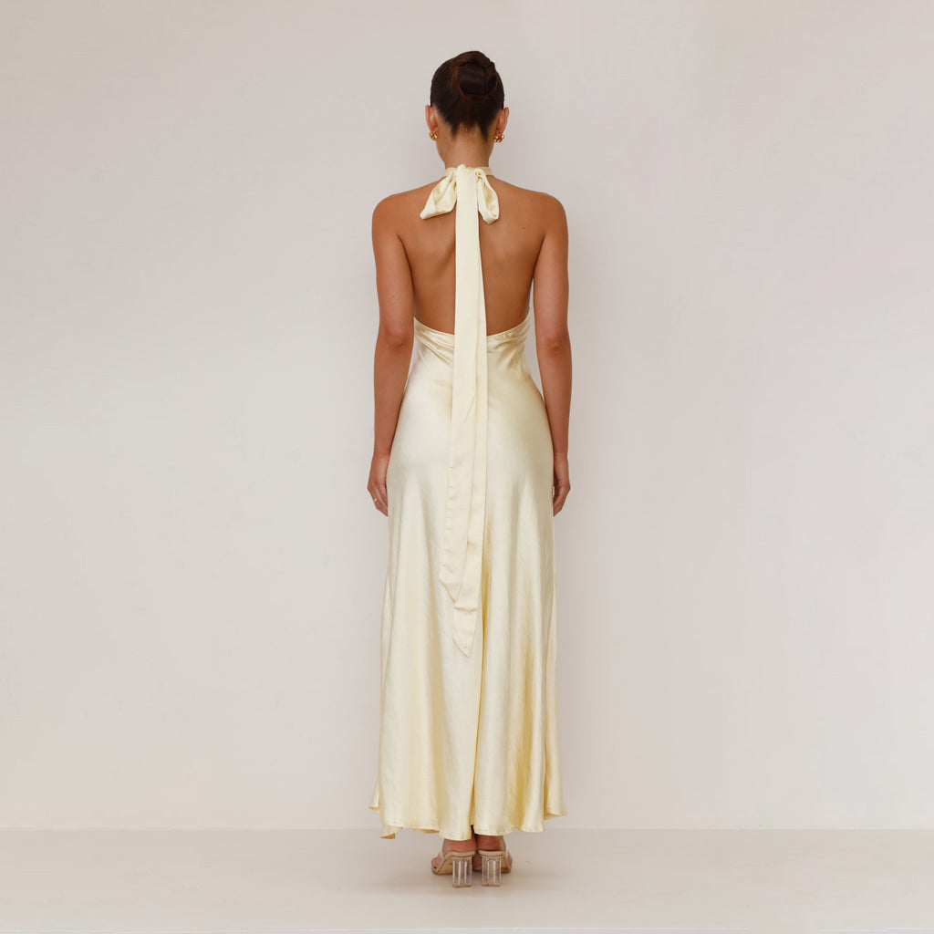 Women's Satin Halter Neck Slit Maxi Dress with Cinched Waist