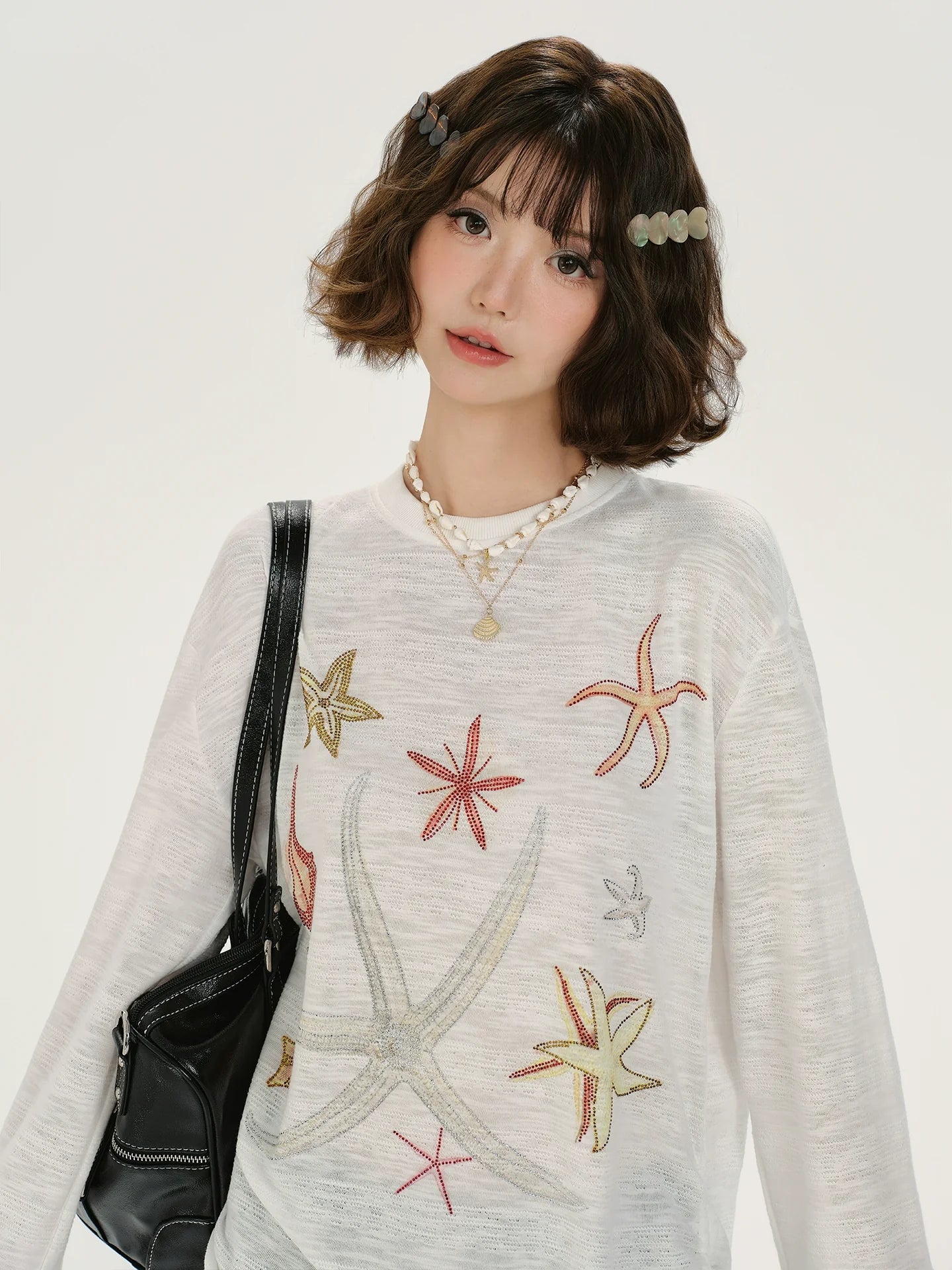 Girlyhalo Retro Print Rhinestone Long Sleeve T-Shirt