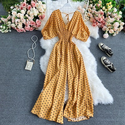 Women's Sexy V-Neck Batwing Sleeve Waist-Cinching Slimming Polka Dot Print Jumpsuit