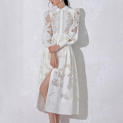 Vintage Collar Long Lantern Sleeve Mid-Length Embroidery Lace Solid Color Dress